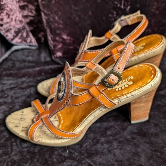 LIKE NEW Western Rodeo High-heel Sandals Medicine Wheel Leather Cork Spring Step - Picture 5 of 16